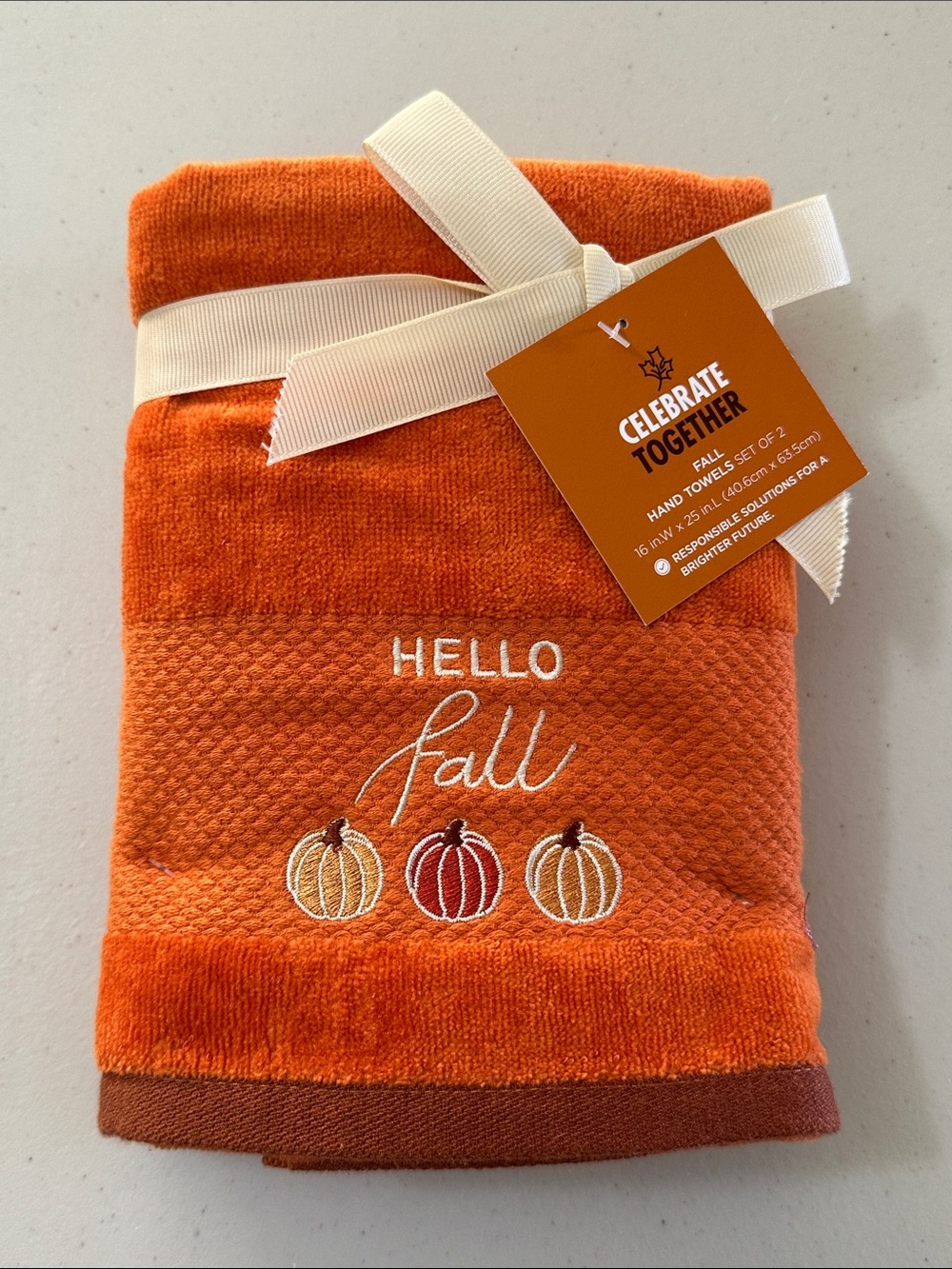 Celebrate Together Orange "Hello Fall" Embroidered Hand Towels - Set of 2